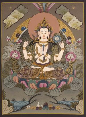 Beautifully Hand-Painted Four-Armed Chengrezig | Avalokiteshvara Thangka Painting | Compassionate Bodhisattva